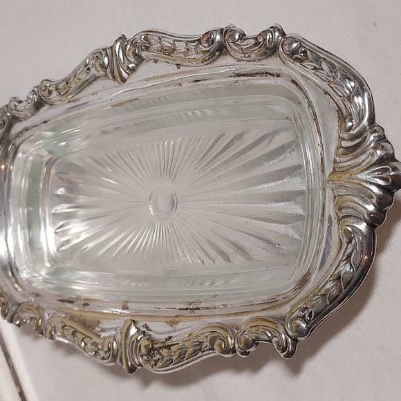 3pc Silver & glass Butter dish by Sheridan Silverplate vintage antique - Picture 8 of 15